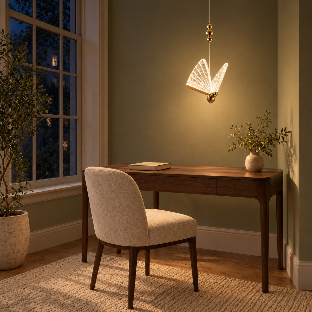 Alette Acrylic Wing Pendant Light, evening interior, light on