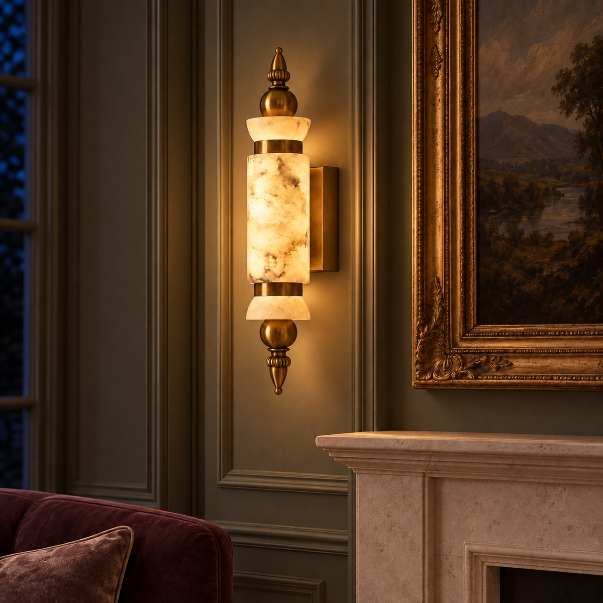 ALYS12-1 marble wall light illuminated in a luxury interior at night