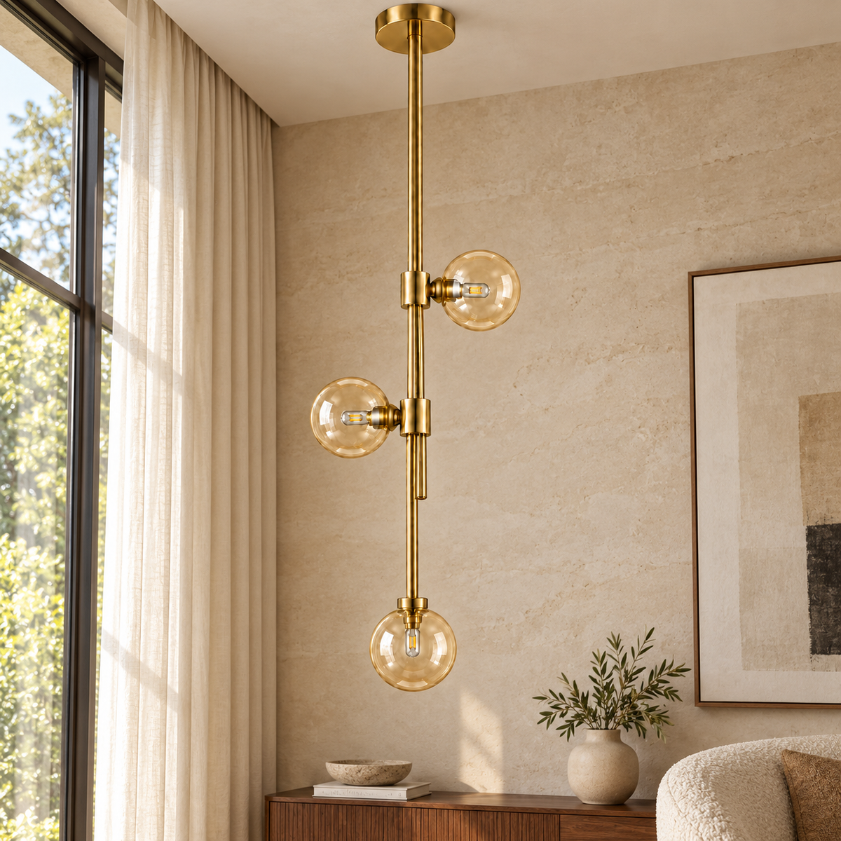 Amara Amber Globe Vertical Chandelier, daylight interior, light off