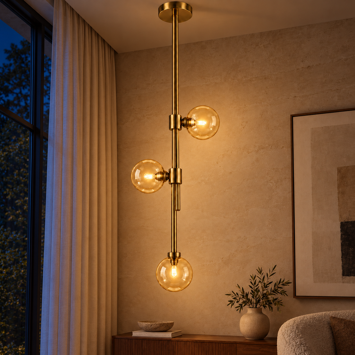 Amara Amber Globe Vertical Chandelier, evening interior, light on