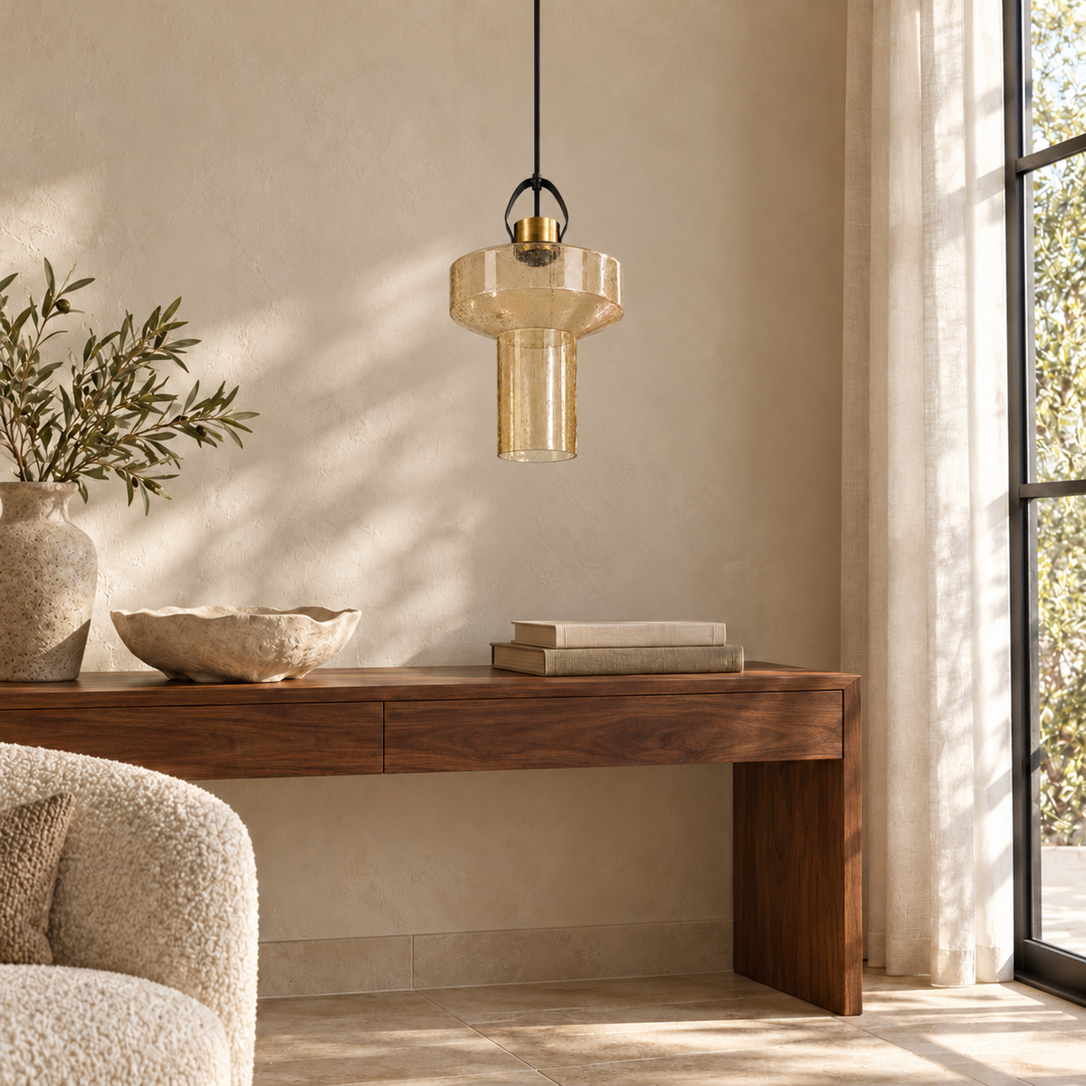 Amber Bubble Glass Drum Pendant, unlit in a daytime interior