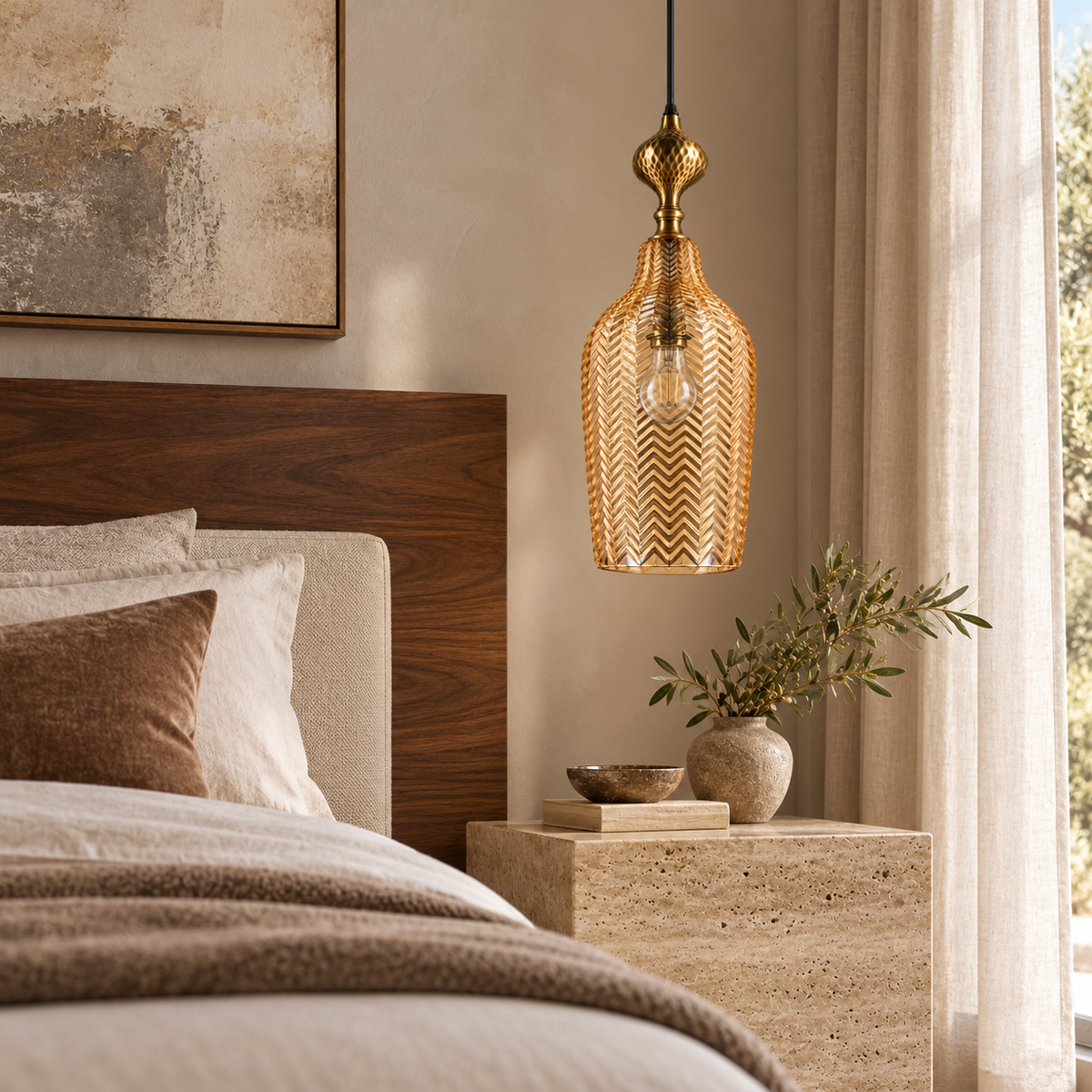 Amber Chevron Glass Bottle Pendant, unlit in a daytime interior