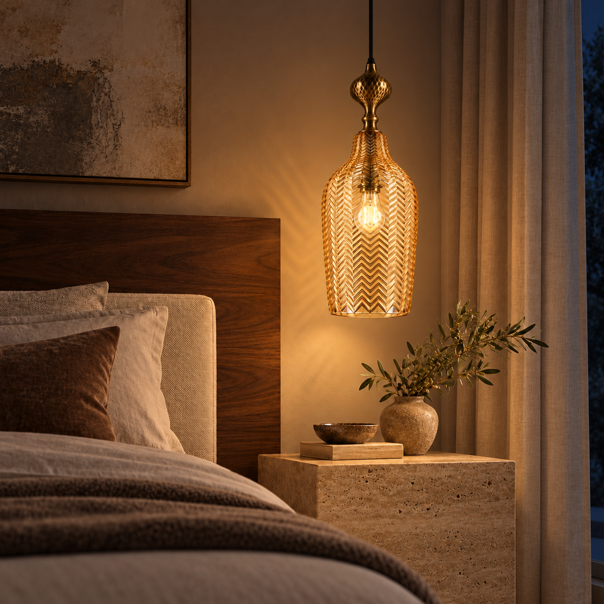 Amber Chevron Glass Bottle Pendant, illuminated in a nighttime interior