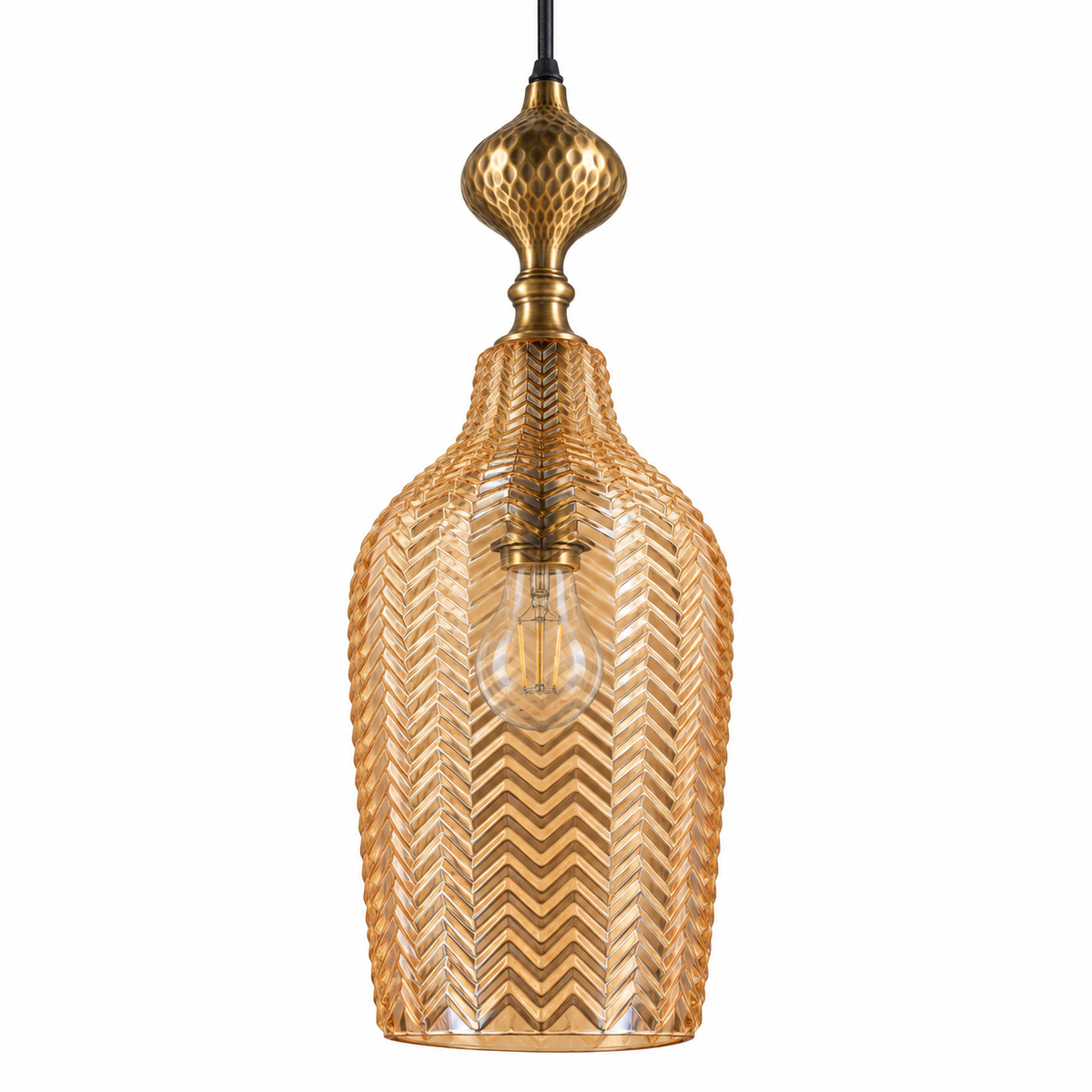 Amber Chevron Glass Bottle Pendant, unlit studio view