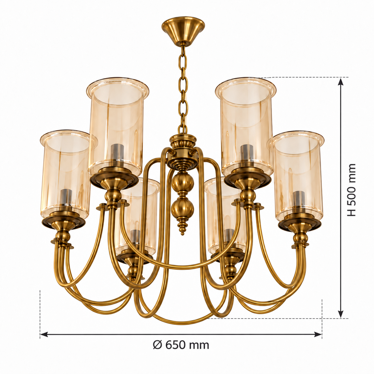 Amber cylinder glass AB 6-light chandelier dimensions, Ø650 mm and H500 mm
