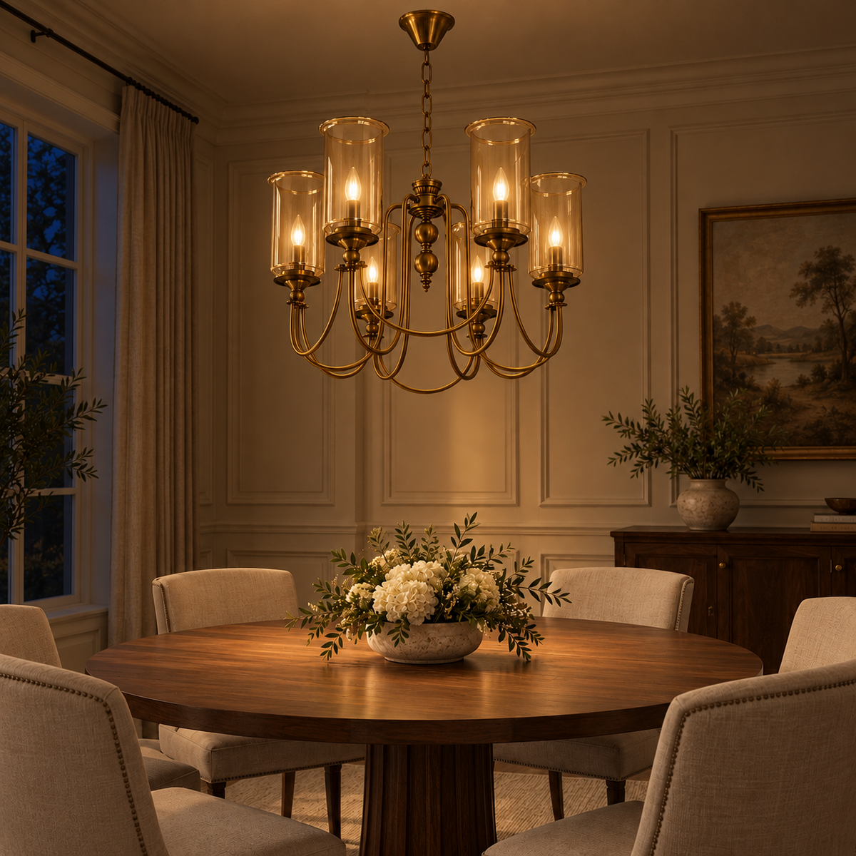 Amber cylinder glass AB 6-light chandelier in a warm dining room at night