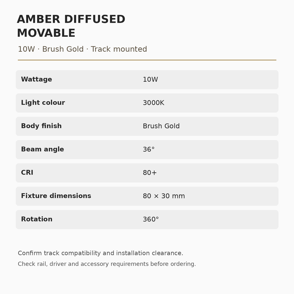 Amber Diffused Movable specifications: 10W, 3000K, Brush Gold, 36° beam, CRI 80+, dimensions 80 × 30 mm.