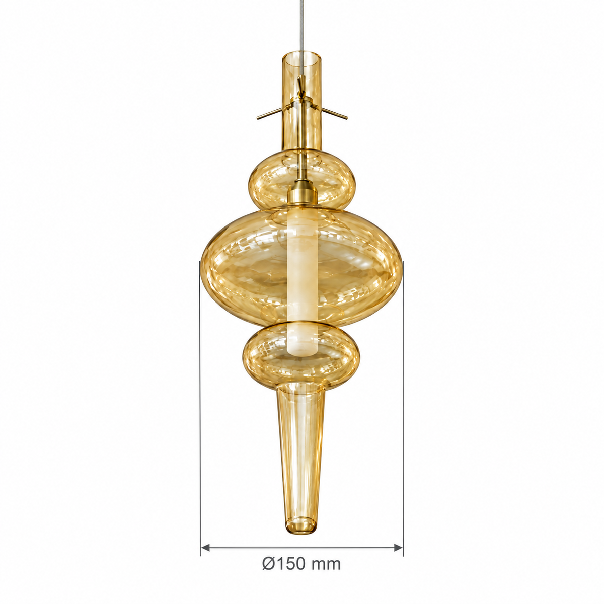 Amber & Frosted Spindle Pendant, dimension diagram showing shade diameter 150 mm