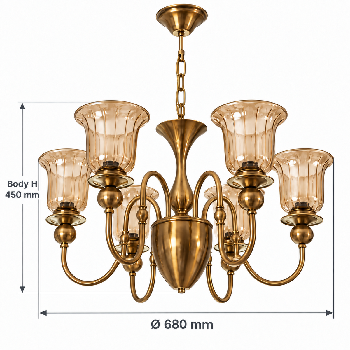 Amber glass AB 6-light chandelier dimensions, Ø680 mm and body H450 mm