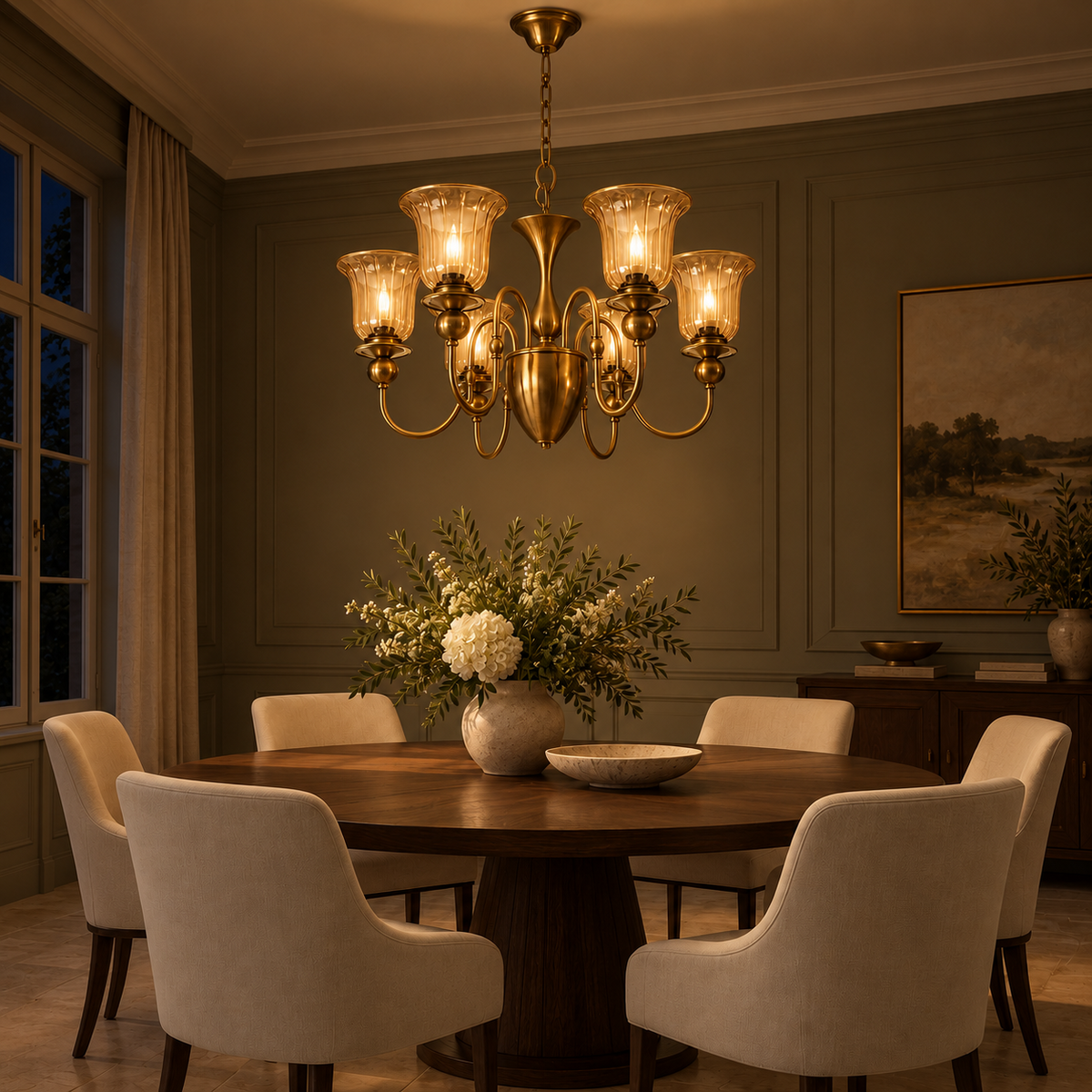 Amber glass AB 6-light chandelier in a warm dining room at night