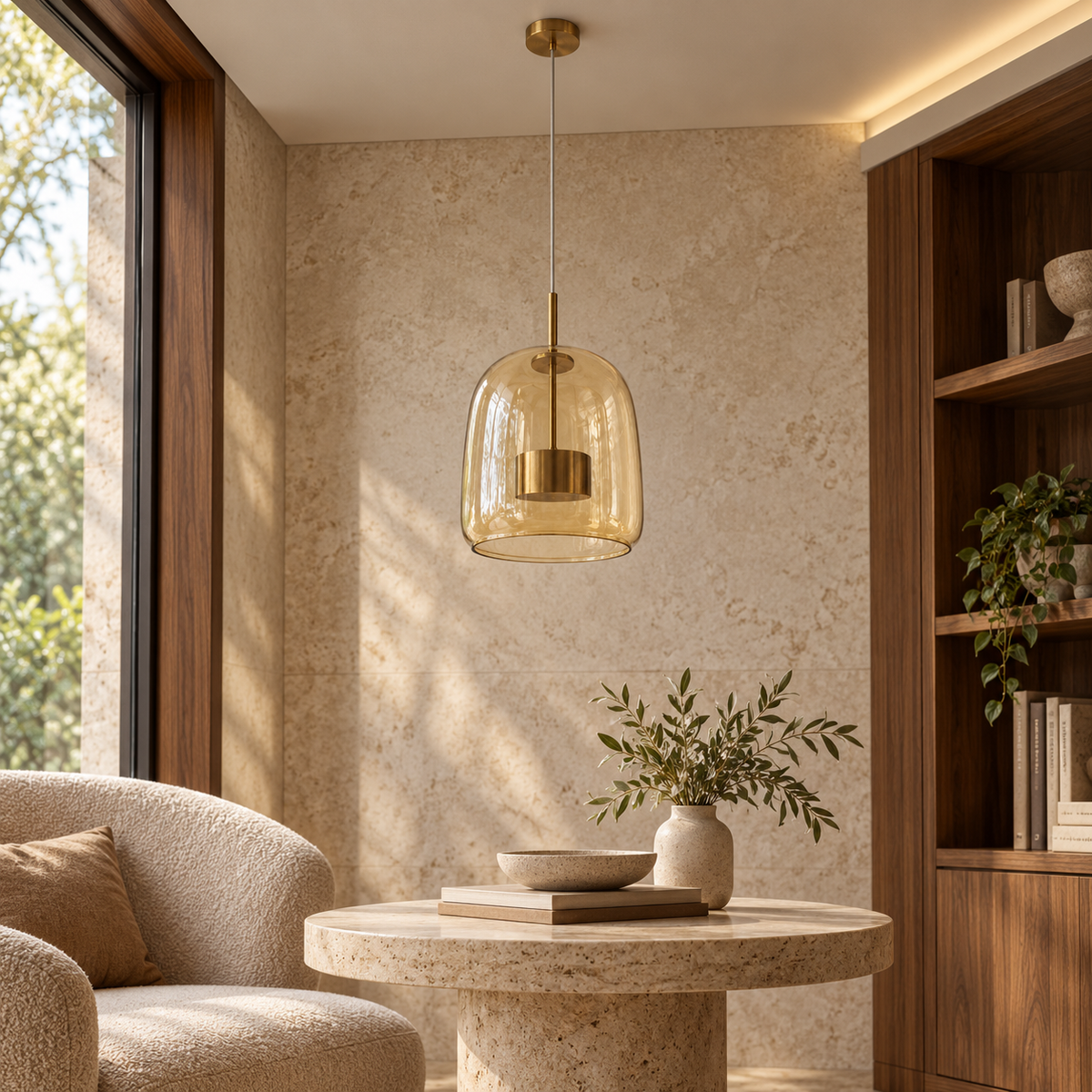 Amber Glass Bell Pendant, unlit in a daytime interior