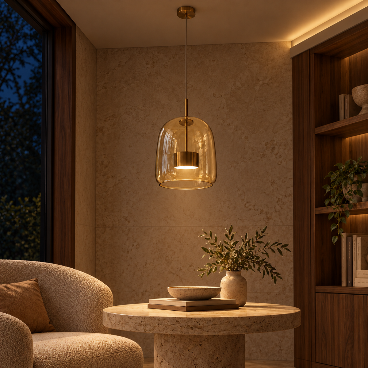 Amber Glass Bell Pendant, illuminated in a nighttime interior