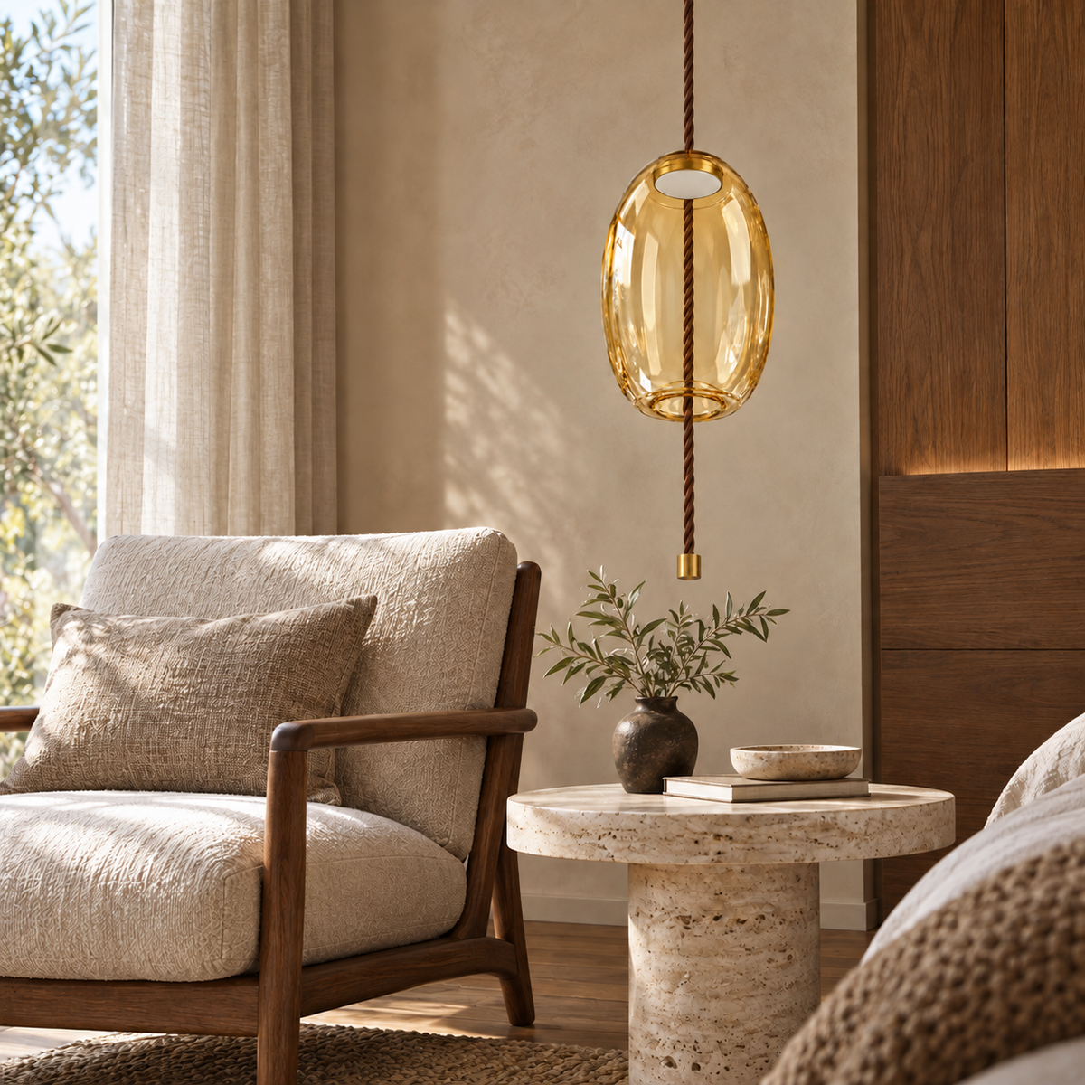 Amber Glass Elongated Pendant, unlit in a daytime interior