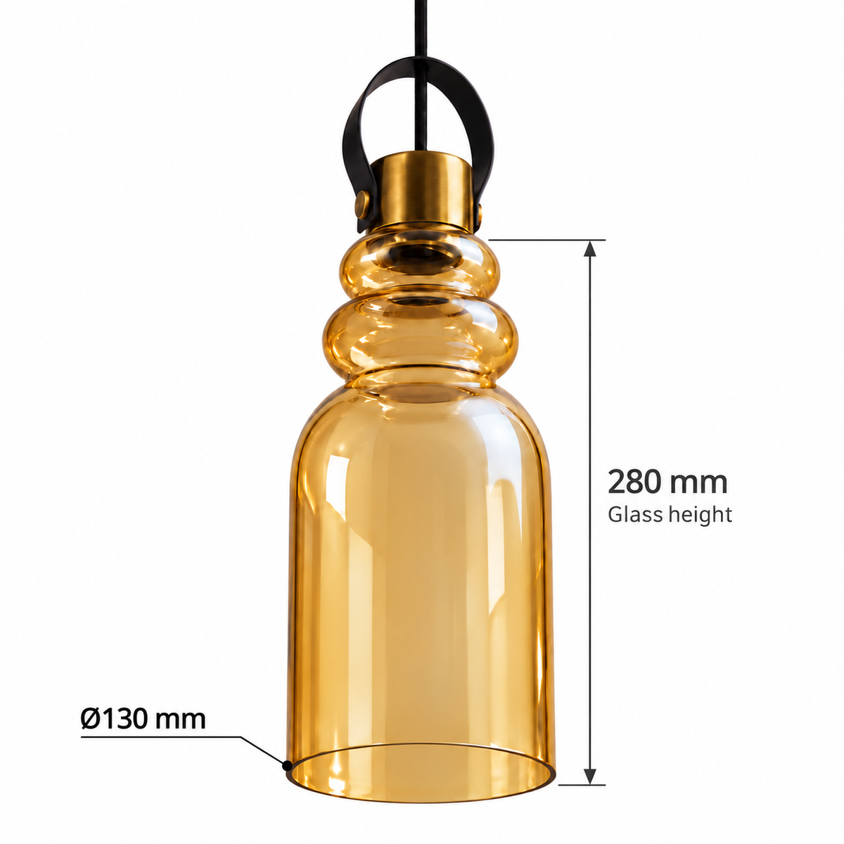 Amber Glass Sculpted Bell Pendant, dimension diagram; Glass shade only: diameter 130 mm and height 280 mm. The cap, loop and suspension are excluded.