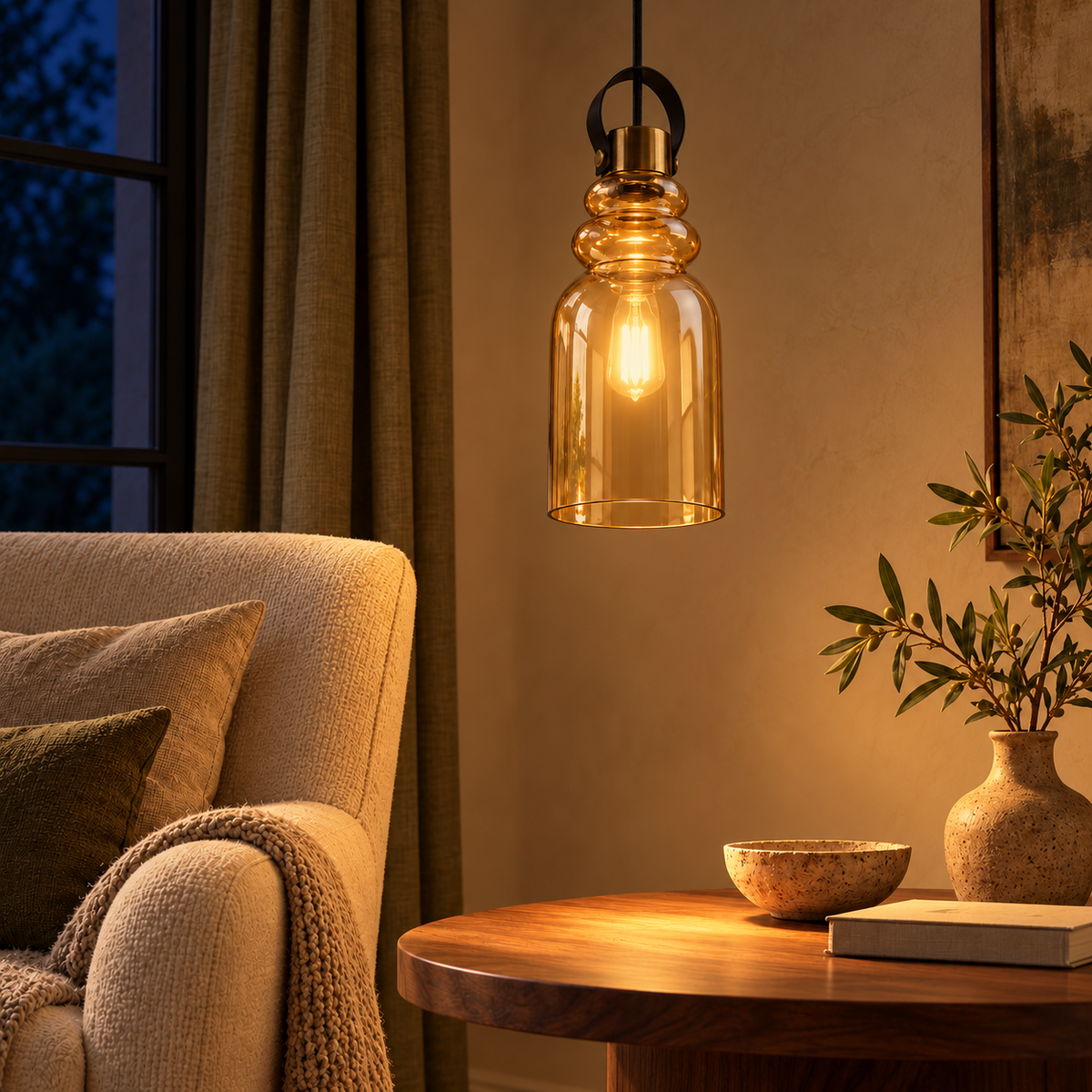 Amber Glass Sculpted Bell Pendant, illuminated in a nighttime interior
