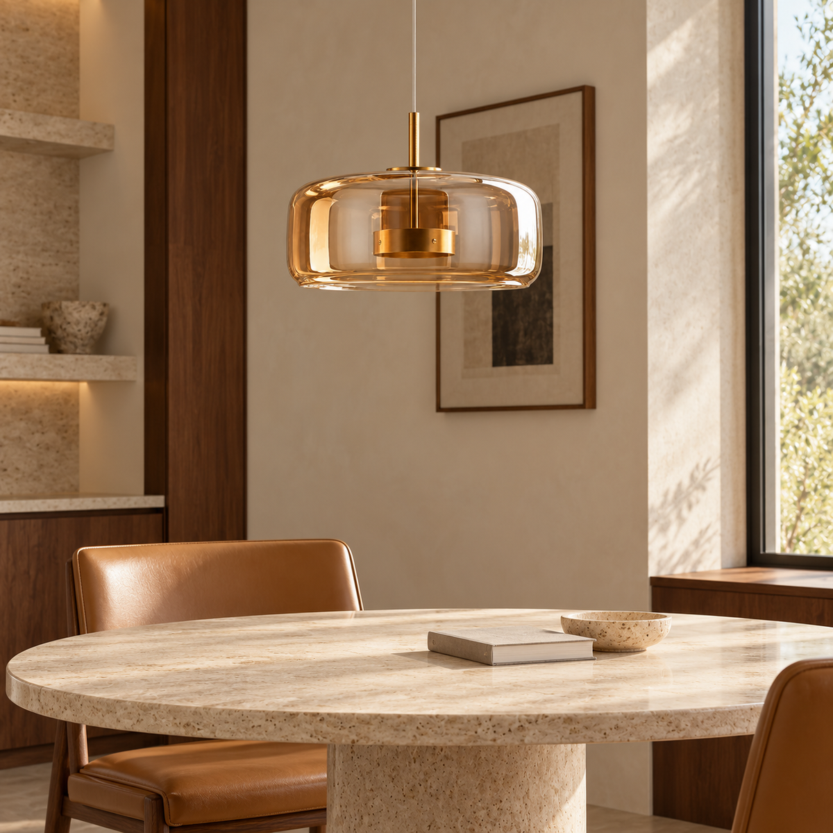Amber Glass Shallow Dome Pendant, unlit in a daytime interior