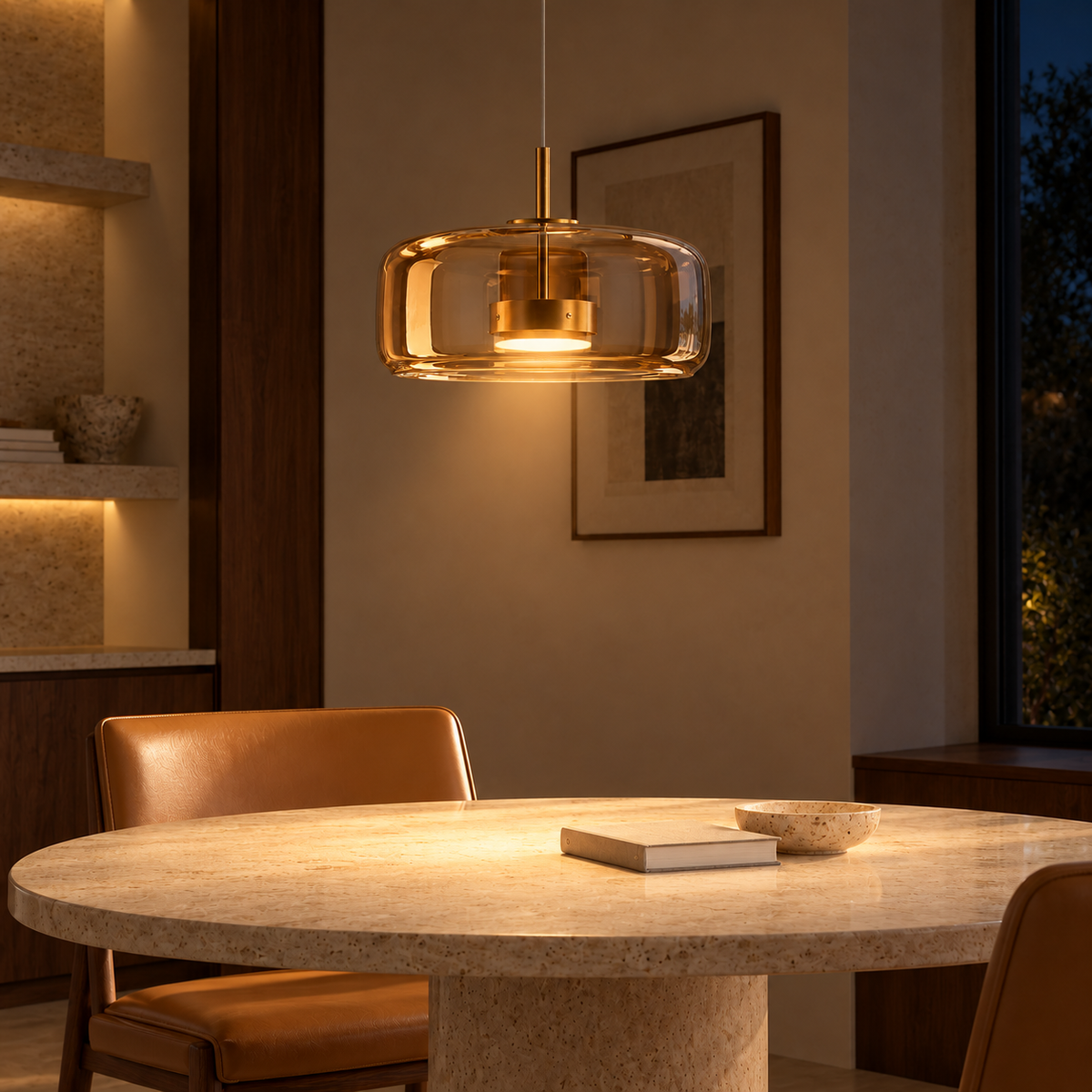 Amber Glass Shallow Dome Pendant, illuminated in a nighttime interior