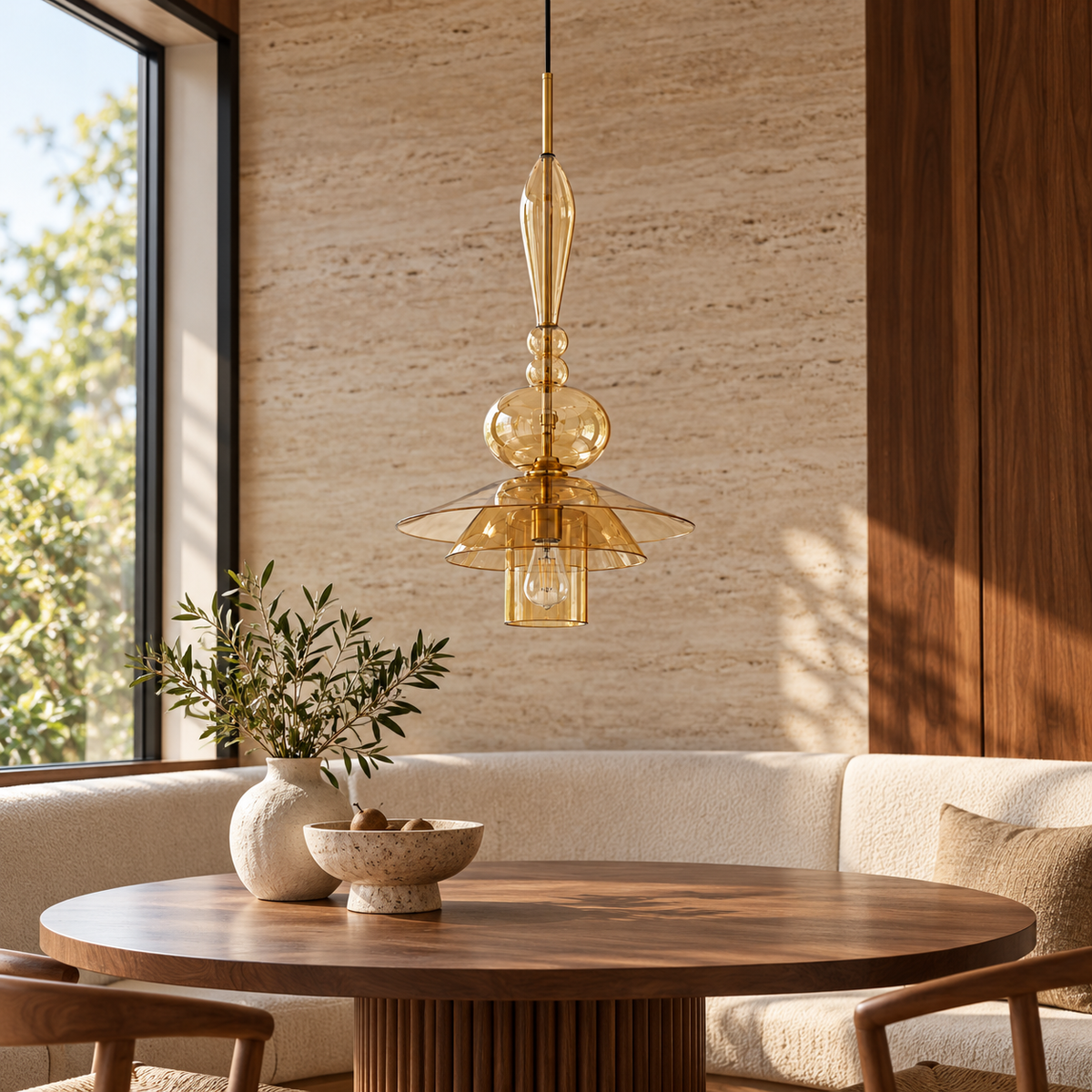 Amber Glass Stacked Saucer Pendant, unlit in a daytime interior