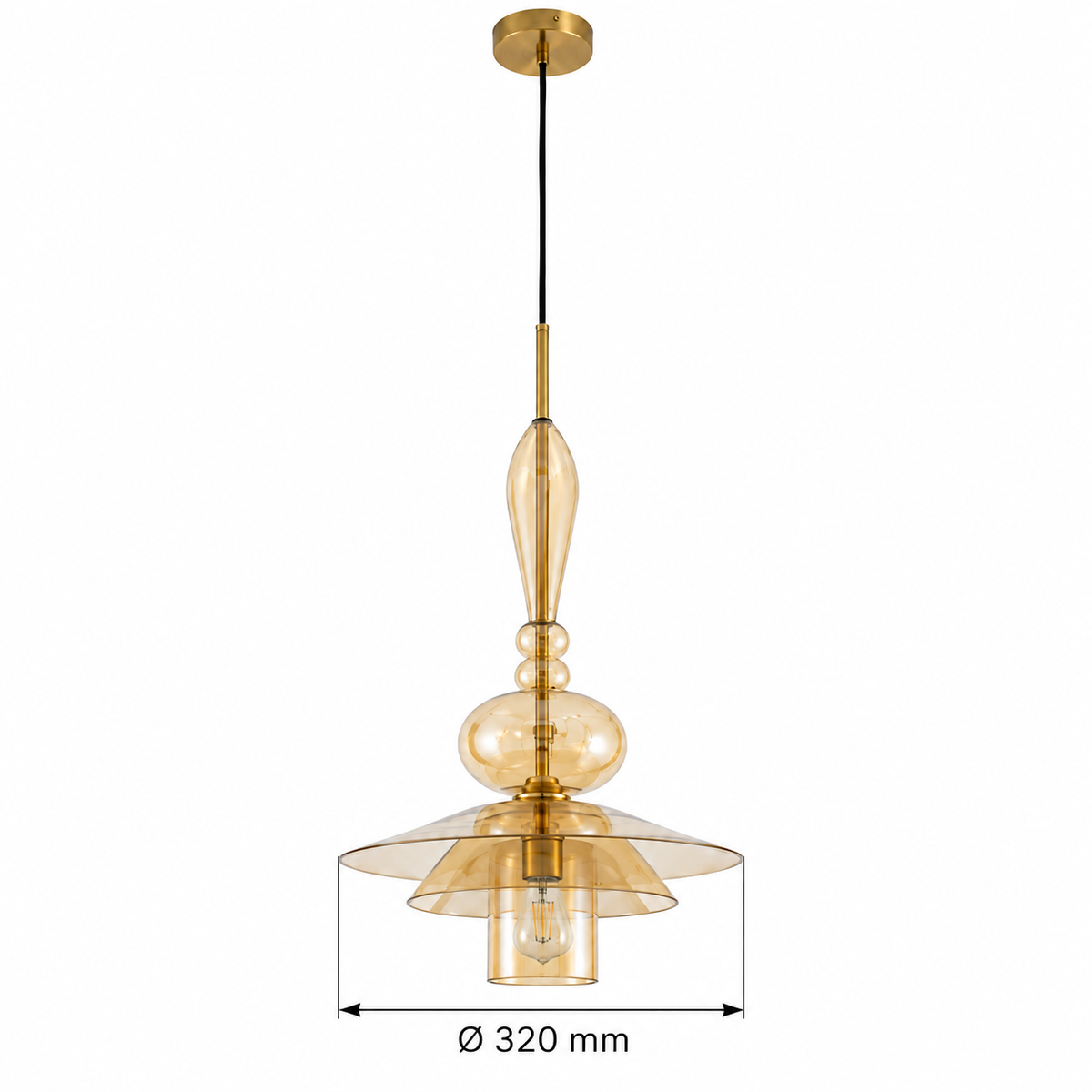 Amber Glass Stacked Saucer Pendant, dimension diagram; Largest glass saucer diameter only: 320 mm. Overall height and suspension drop are not specified.