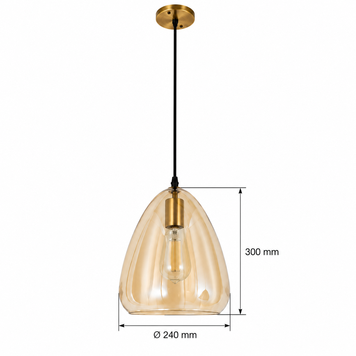 Amber Glass Teardrop Pendant, dimension diagram; Glass shade only: diameter 240 mm and height 300 mm; suspension drop is not specified.