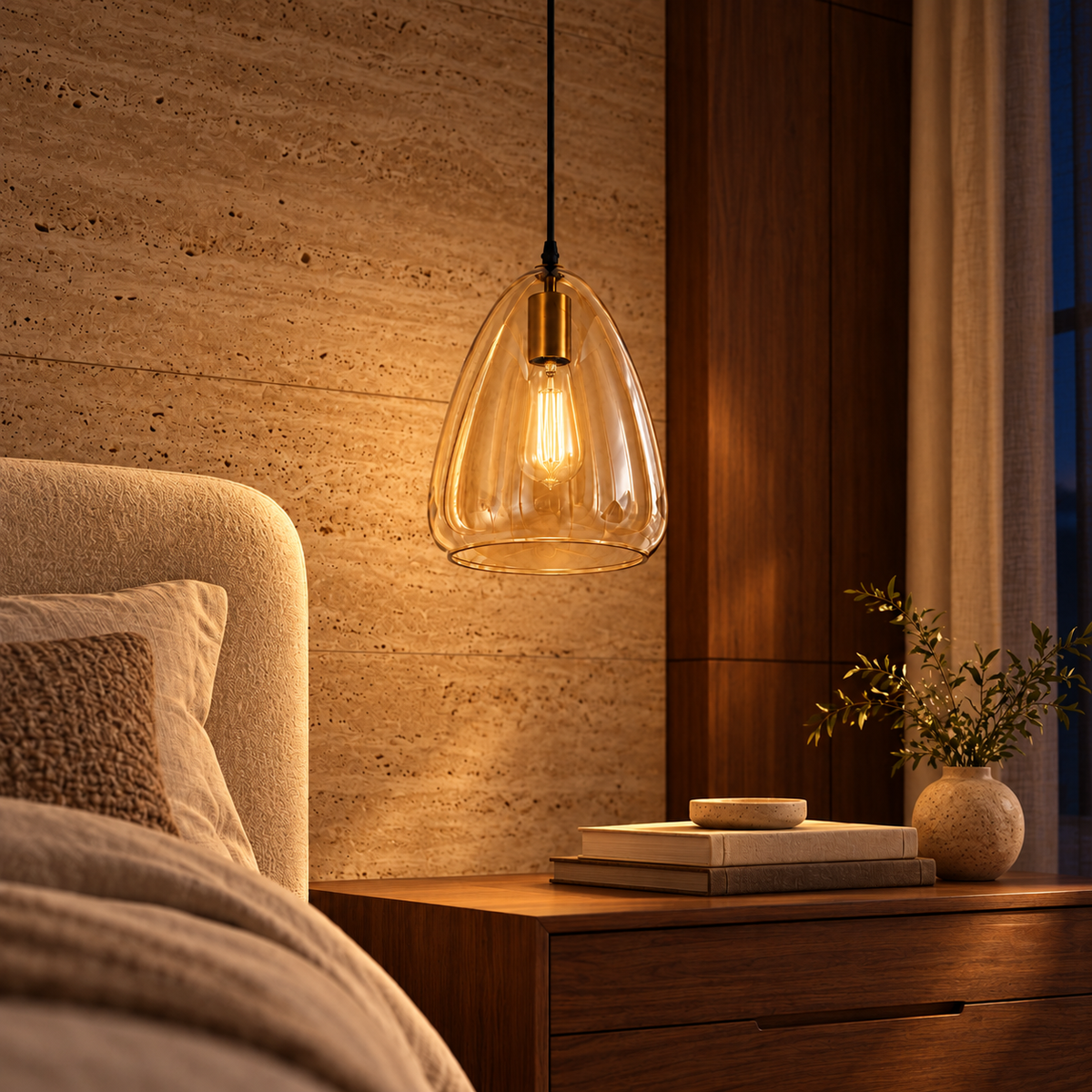 Amber Glass Teardrop Pendant, illuminated in a nighttime interior