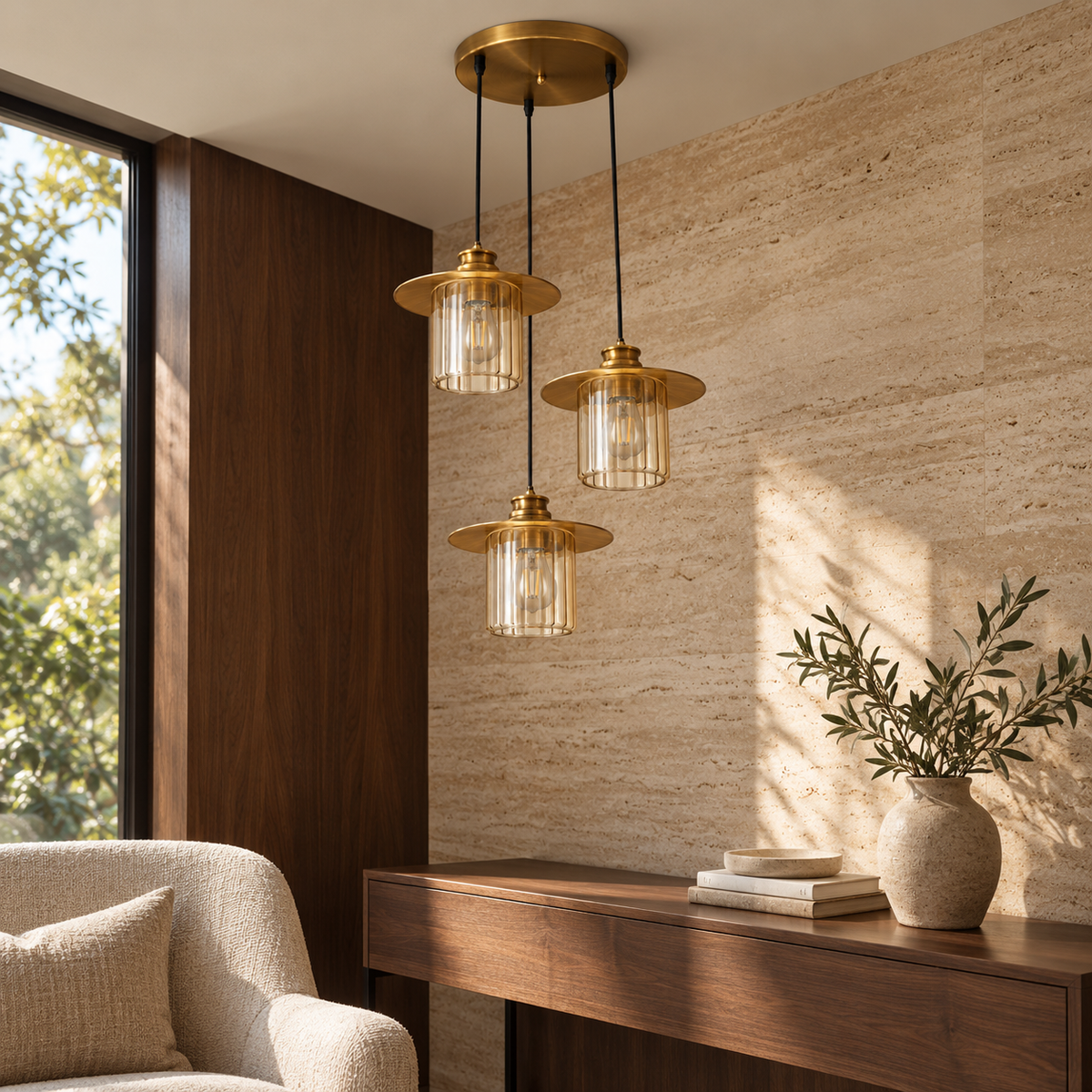 Amber Glass Three-Drop Saucer Chandelier, unlit in a daytime interior