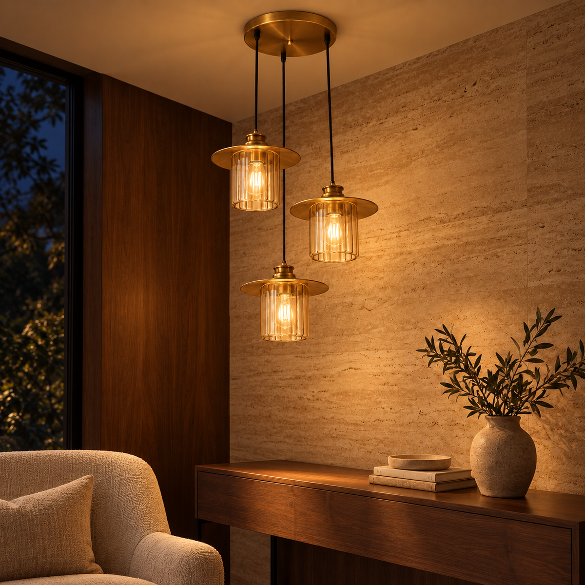 Amber Glass Three-Drop Saucer Chandelier, illuminated in a nighttime interior