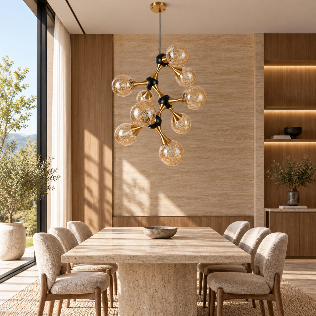 Amber Globe Nine-Light Branch Chandelier, unlit in a daytime interior