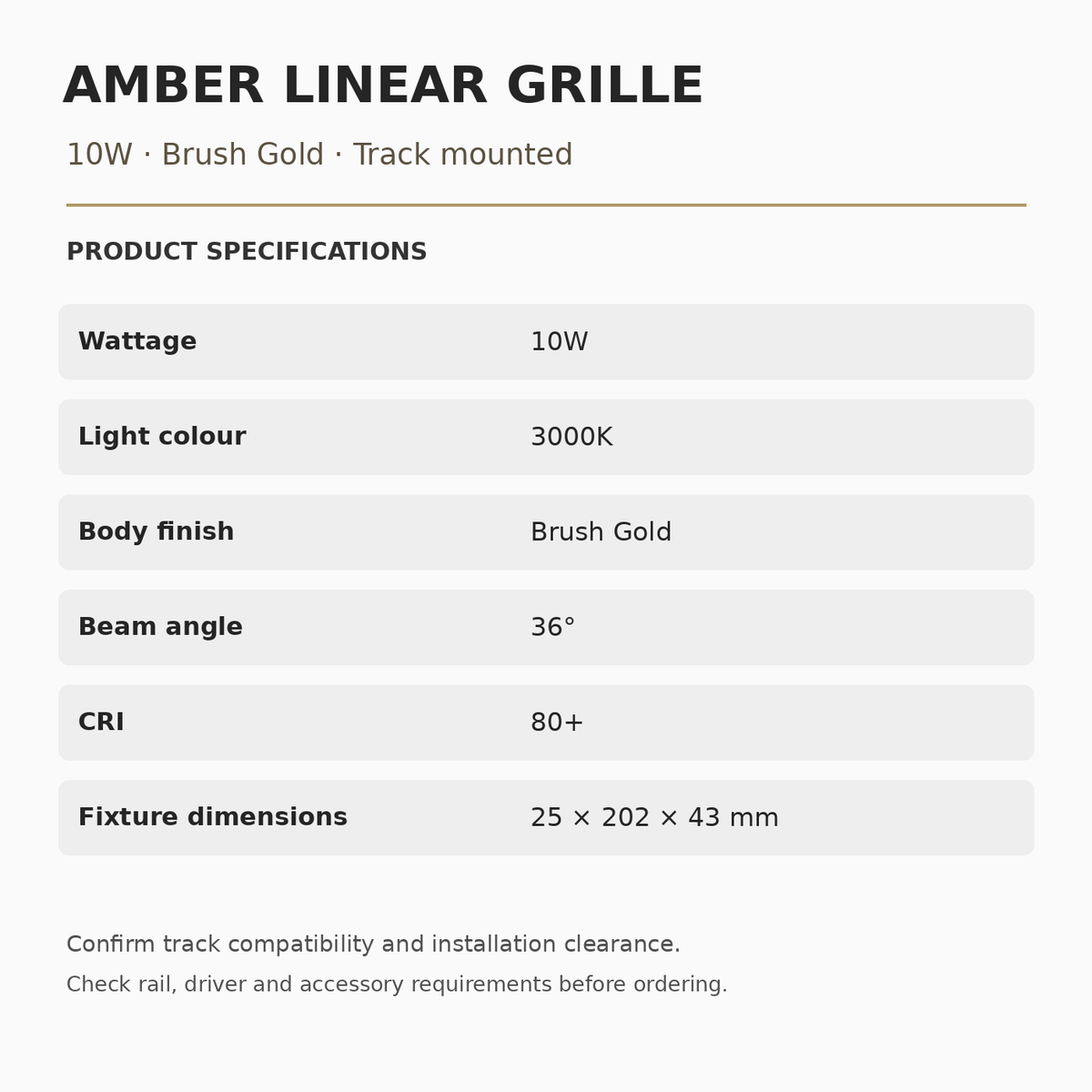 Amber Linear Grille specifications: 10W, 3000K, Brush Gold, 36° beam, CRI 80+, dimensions 25 × 202 × 43 mm.
