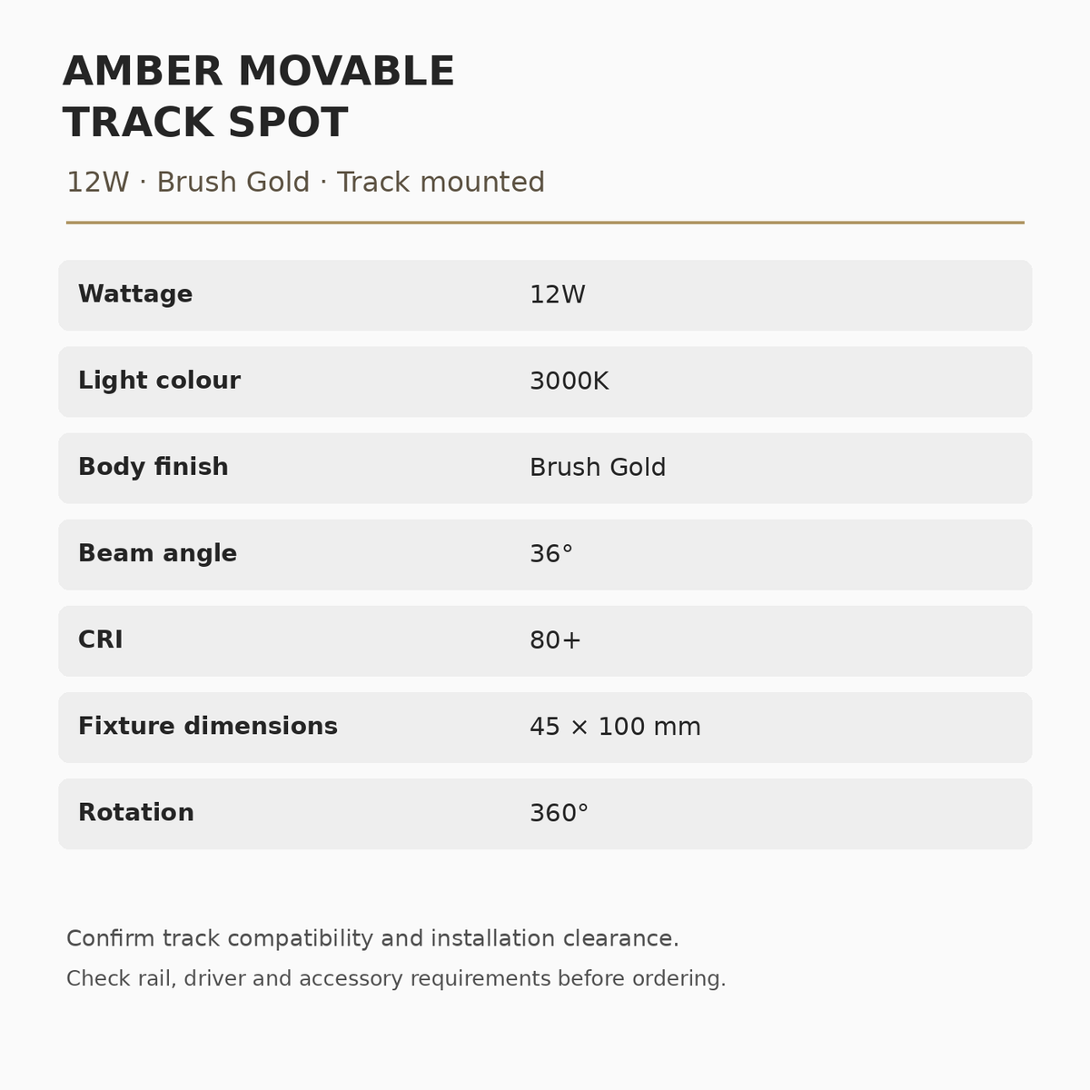 Amber Movable Track Spot specifications: 12W, 3000K, Brush Gold, 36° beam, CRI 80+, dimensions 45 × 100 mm.