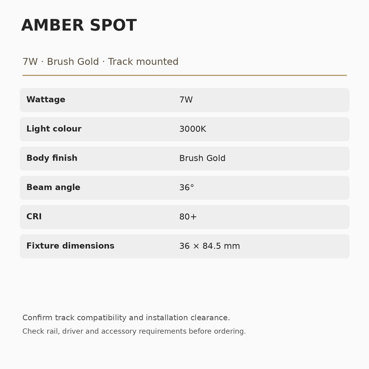 Amber Spot specifications: 7W, 3000K, Brush Gold, 36° beam, CRI 80+, dimensions 36 × 84.5 mm.