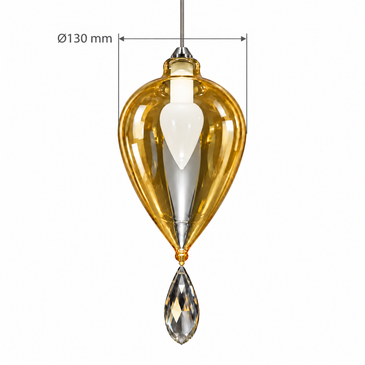 Amber Teardrop Single Pendant, dimension diagram showing shade diameter 130 mm