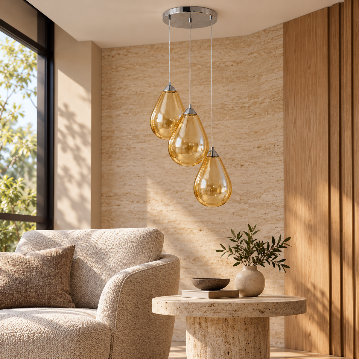Amber Three-Drop Teardrop Chandelier, unlit in a daytime interior