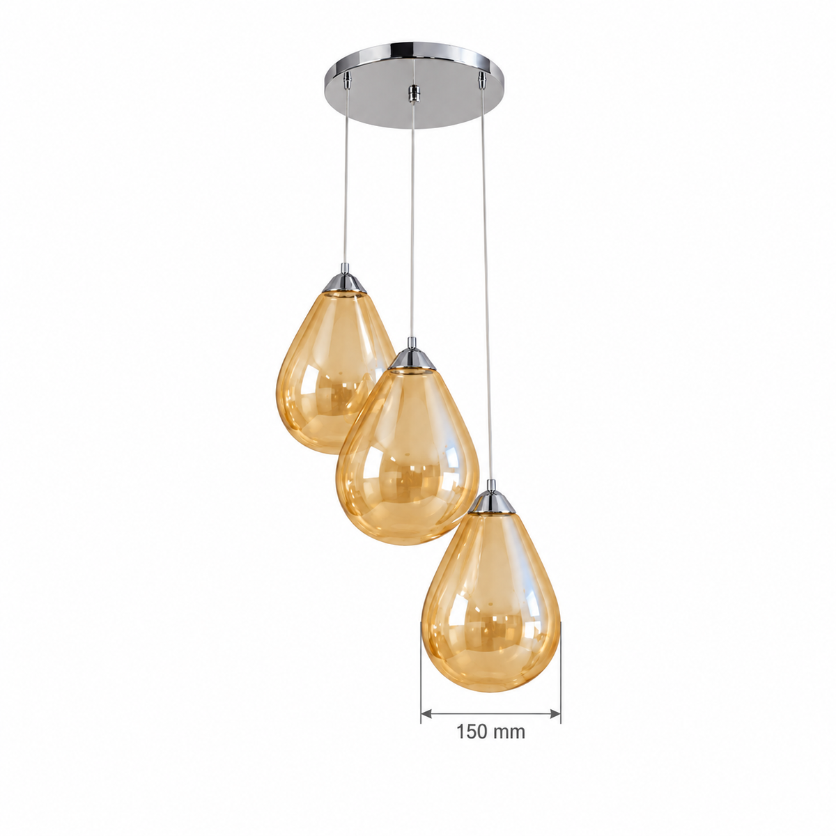 Amber Three-Drop Teardrop Chandelier, dimension diagram showing individual shade diameter 150 mm