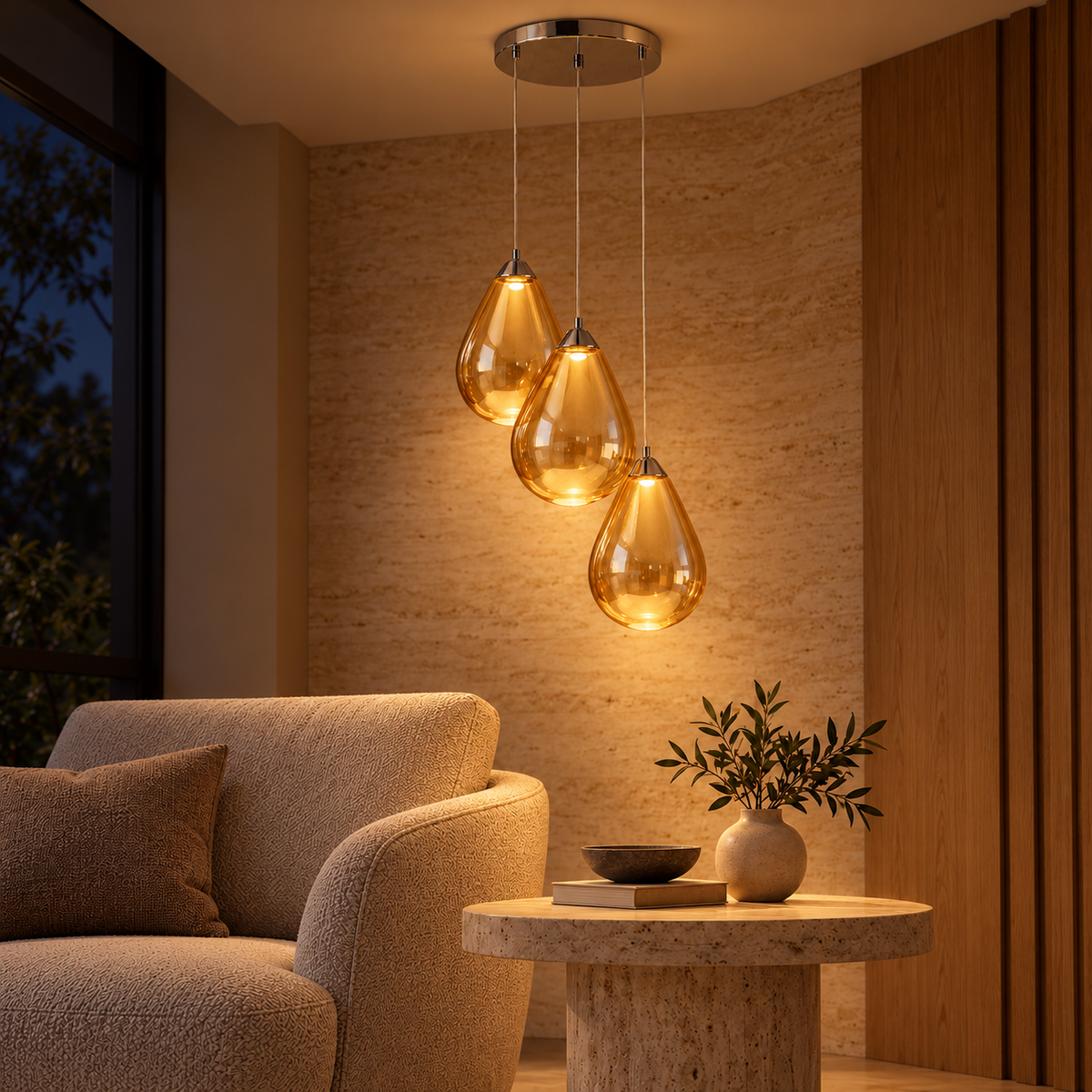 Amber Three-Drop Teardrop Chandelier, illuminated in a nighttime interior