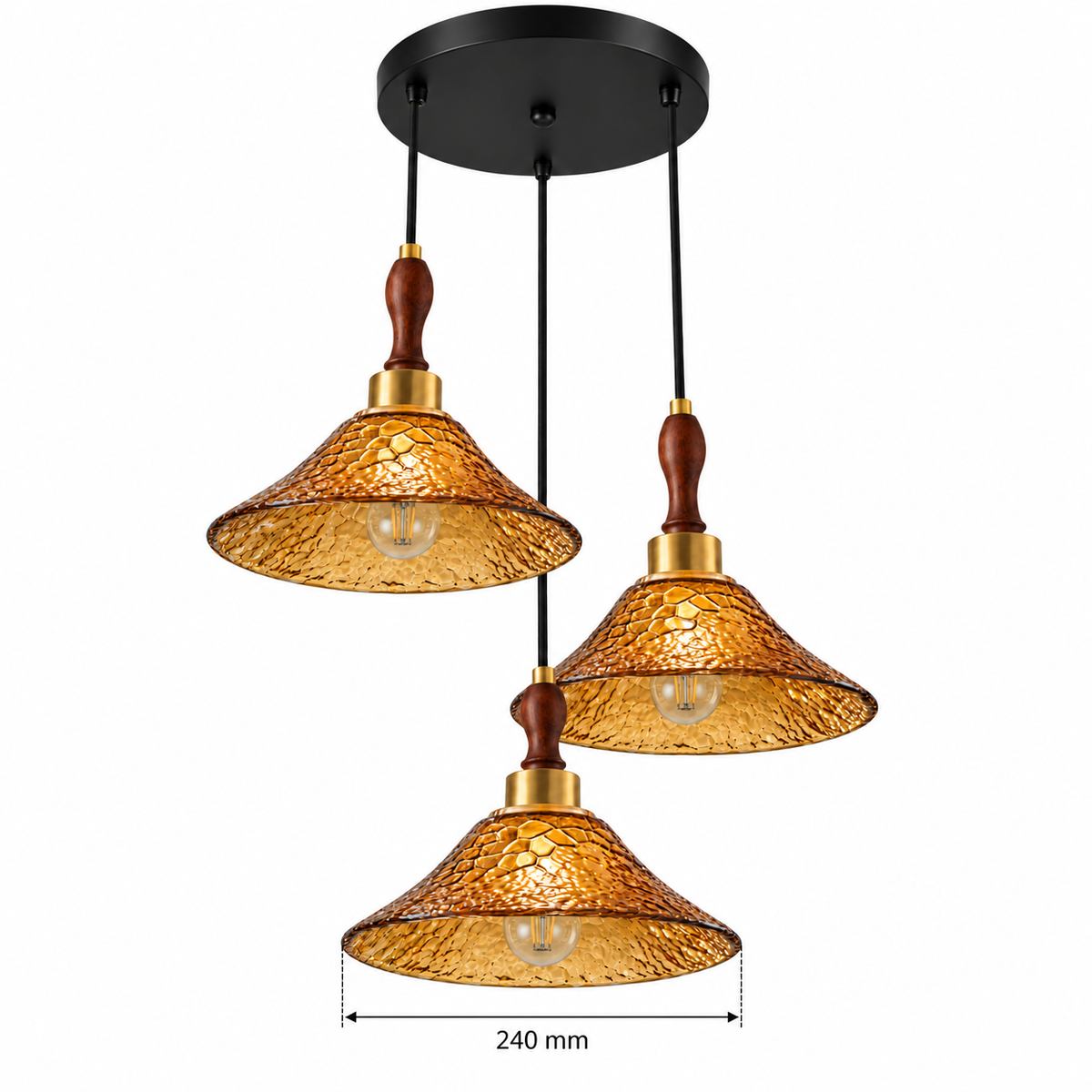 Ambra Three-Shade Amber Glass Chandelier, confirmed dimension diagram