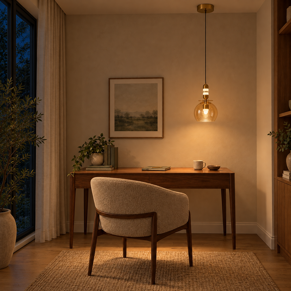 Amello Amber Glass Globe Pendant Light, evening interior, light on