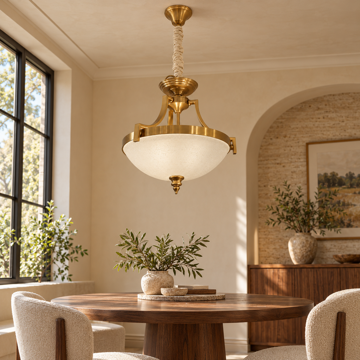 Antique Golden Textured Glass Bowl Pendant, unlit in a daytime interior