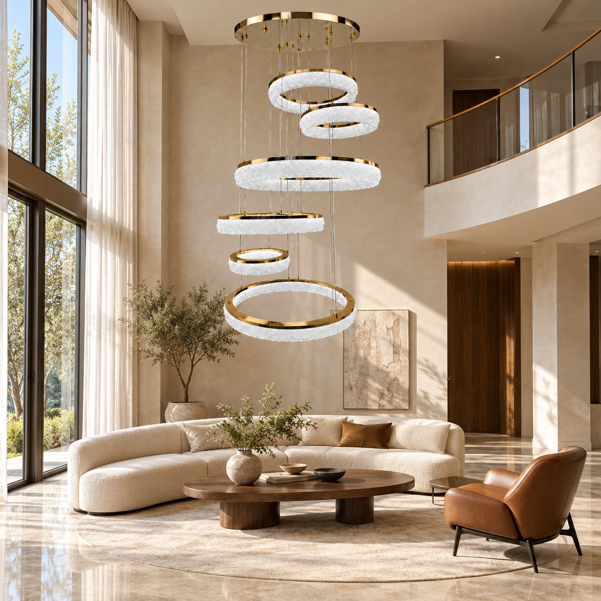 Aracelle Six-Ring Textured Acrylic Cascade Chandelier – daylight interior, light off