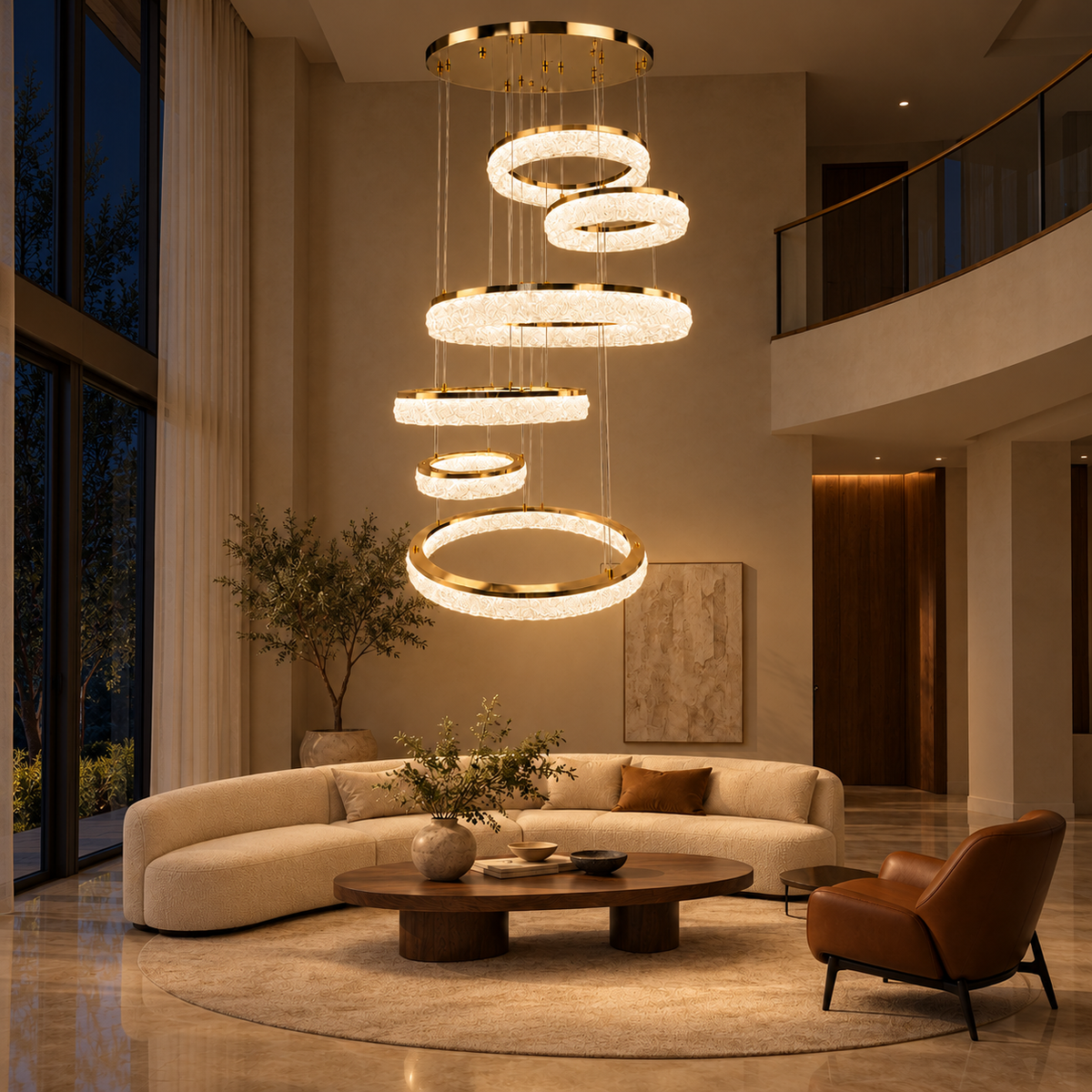 Aracelle Six-Ring Textured Acrylic Cascade Chandelier – evening interior, light on