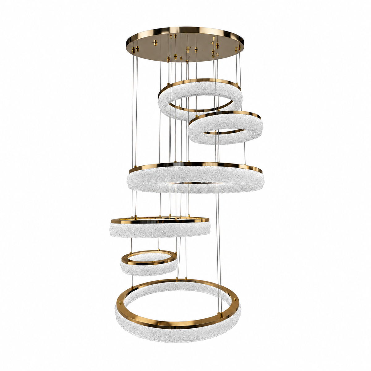 Aracelle Six-Ring Textured Acrylic Cascade Chandelier – studio view on white