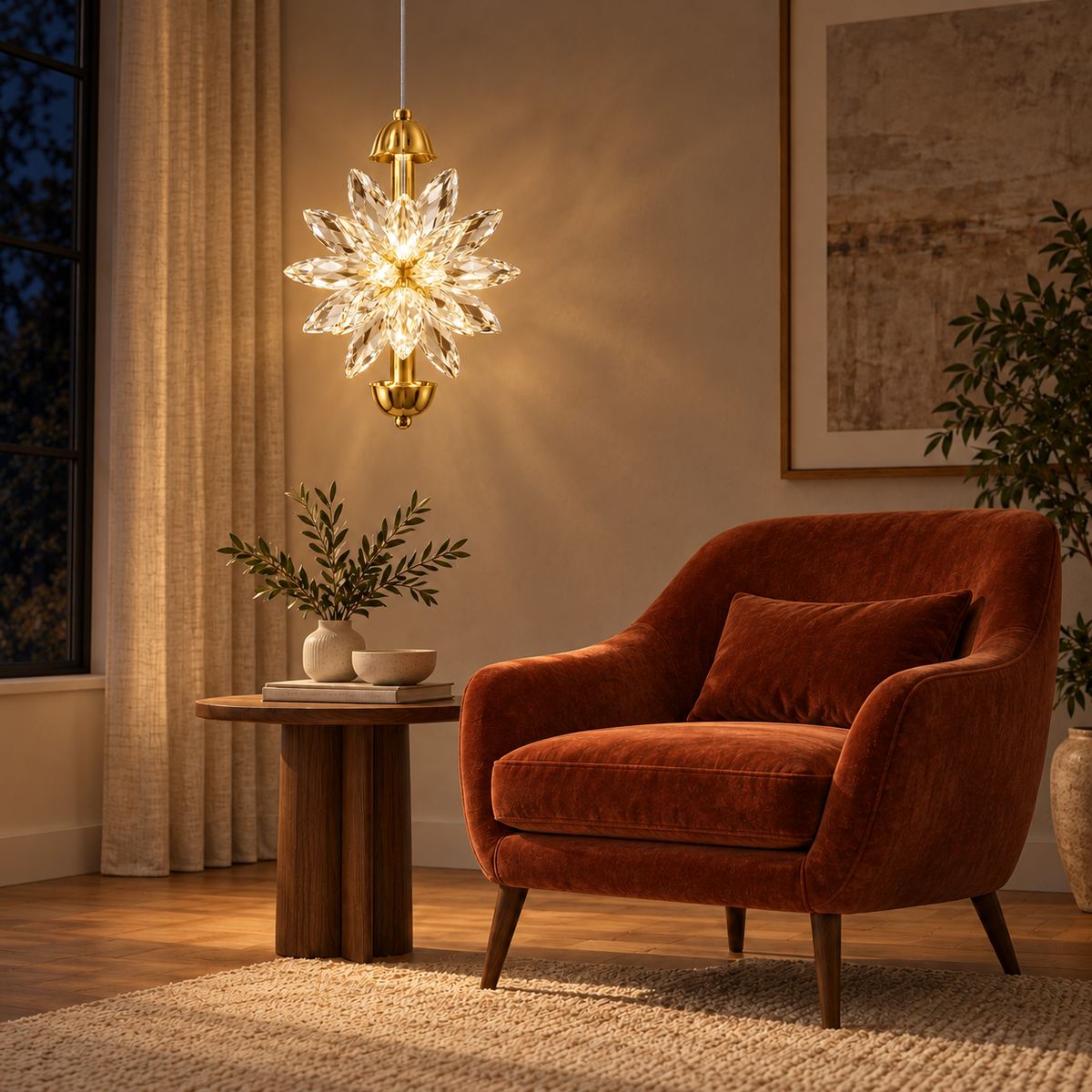 Asterelle Clear Crystal Starburst Pendant – evening interior, light on