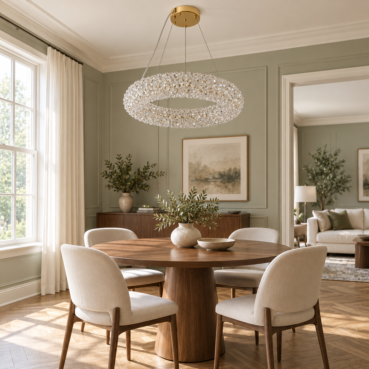 Aureole Crystal Halo Chandelier, daylight interior, light off