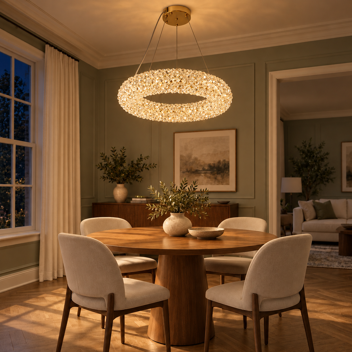 Aureole Crystal Halo Chandelier, evening interior, light on