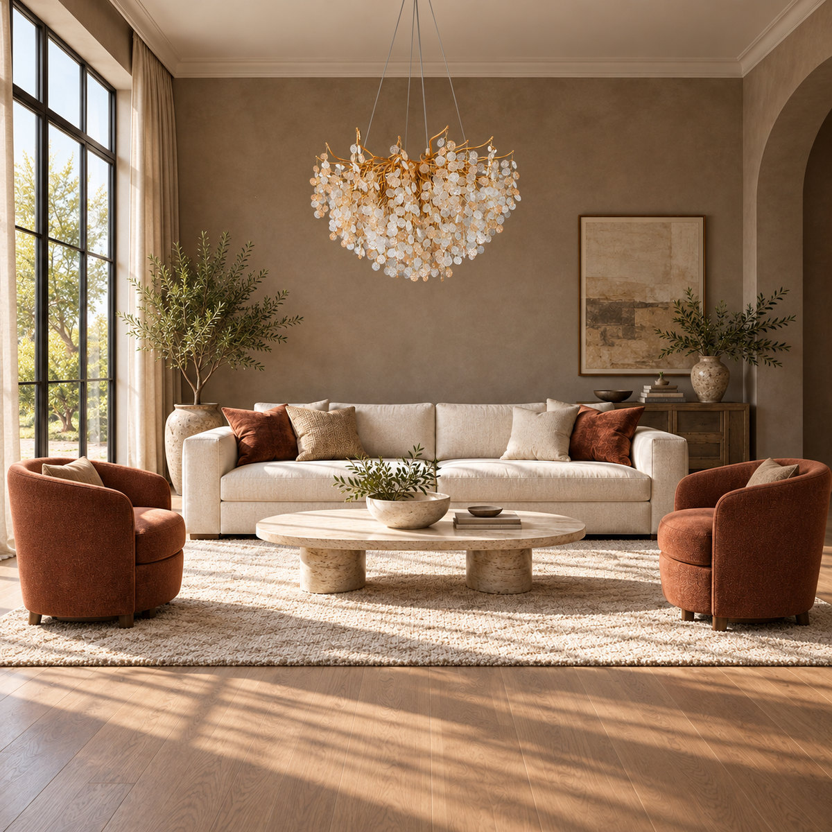 Aurevia Amber and Clear Crystal Cascade Chandelier – daylight interior, light off