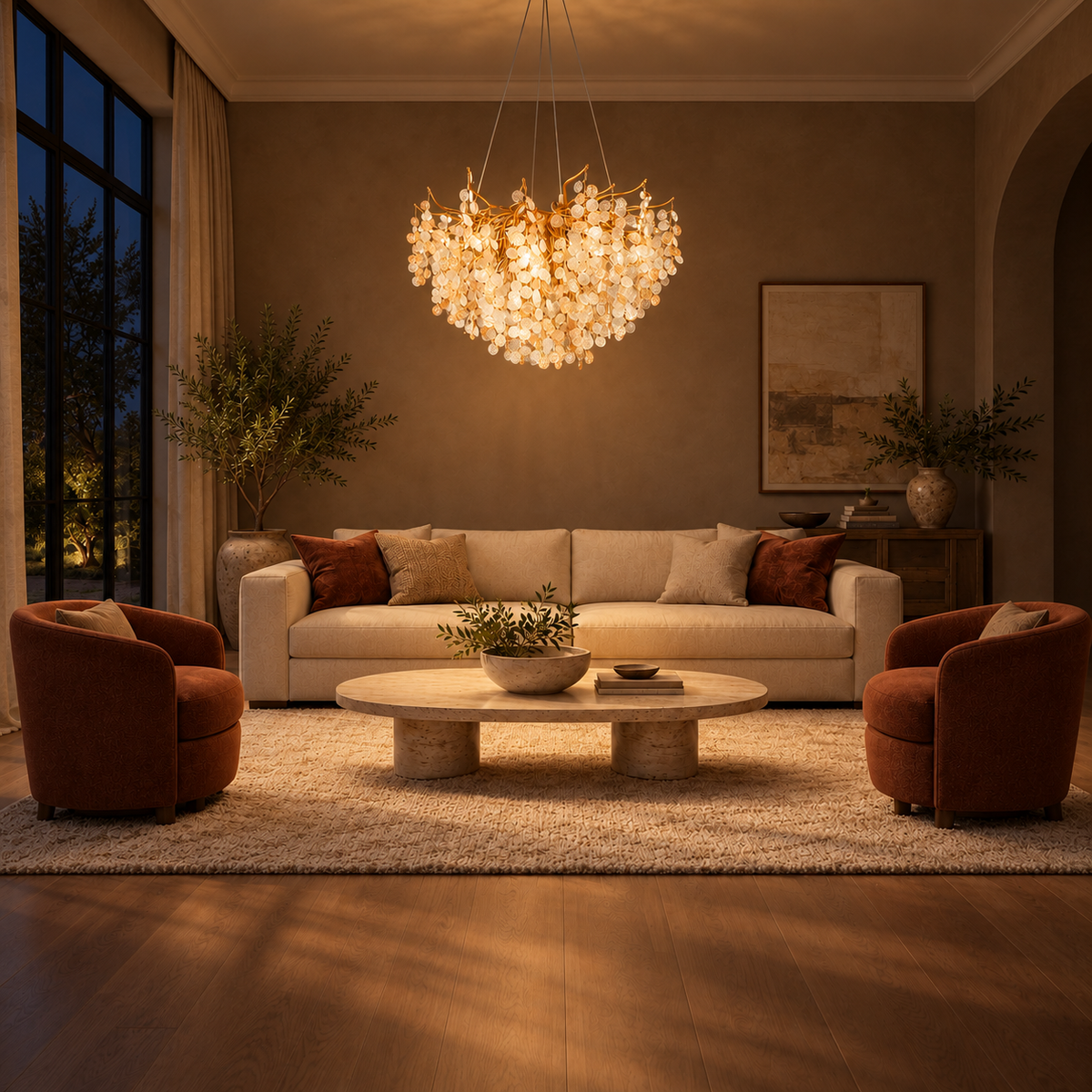 Aurevia Amber and Clear Crystal Cascade Chandelier – evening interior, light on