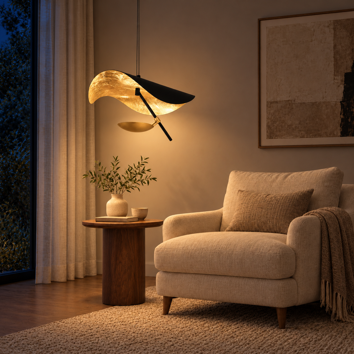 Avela Sculpted Iron Shade Pendant Light, evening interior, light on