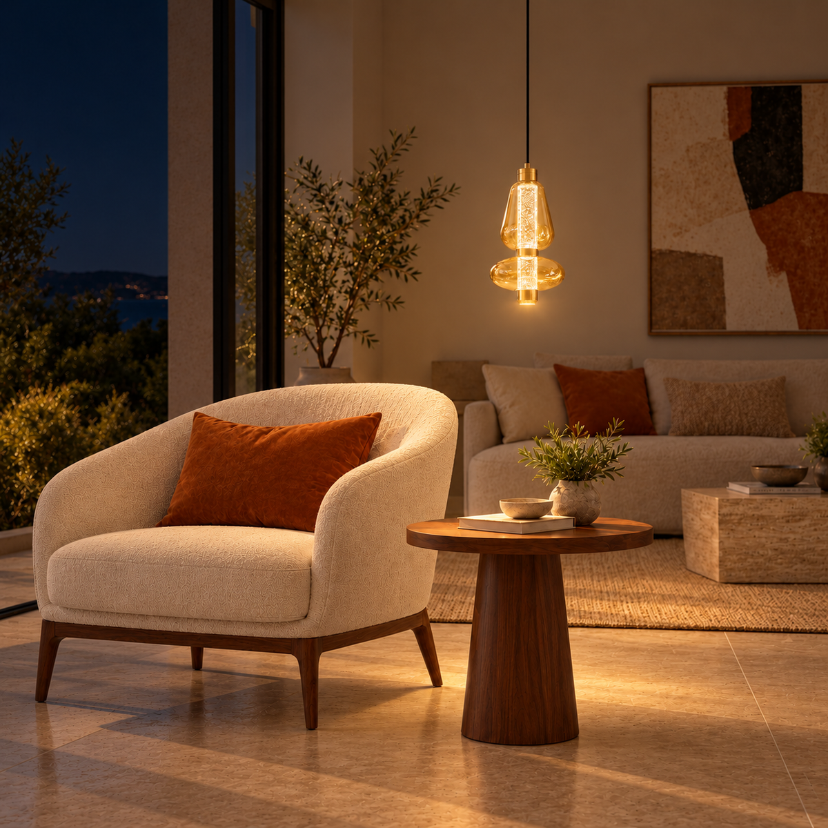 Avenelle Amber-Toned Pendant with Crystal Detail – evening interior, light on