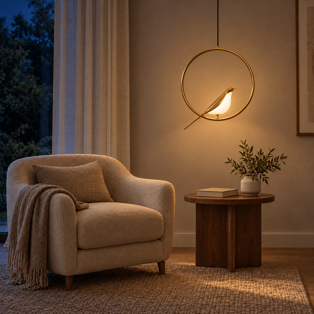 Avina Bird & Ring Pendant Light, evening interior, light on