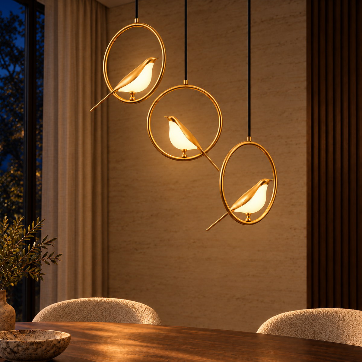 Avina Three-Ring Bird Chandelier, evening interior, light on